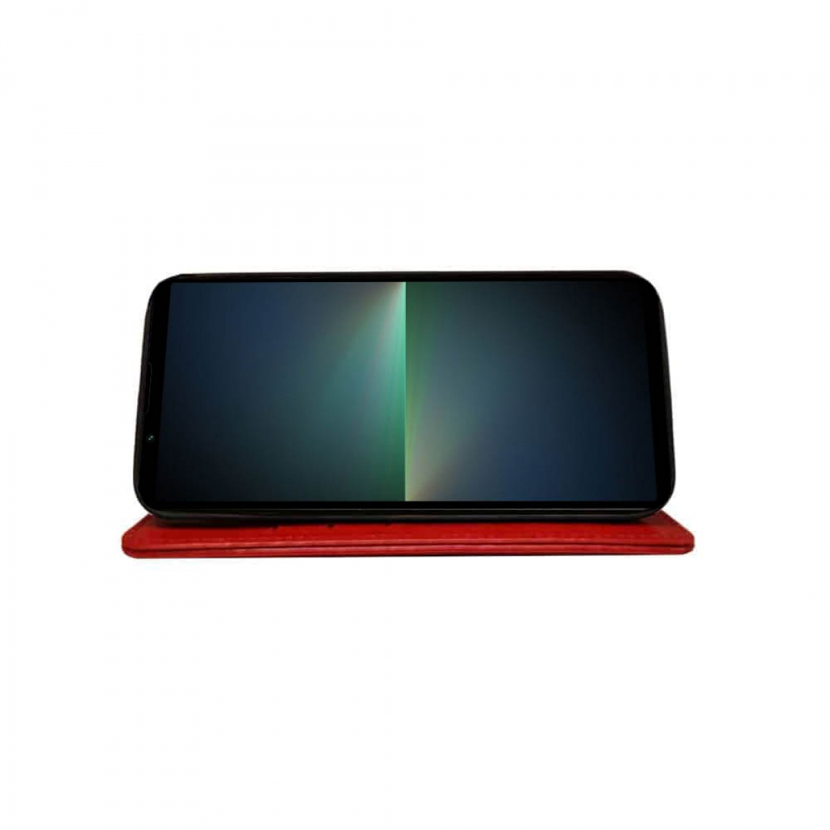 Schwarzes Smartphone auf roter Hülle. Der Bildschirm ist aus. Weißer Hintergrund.