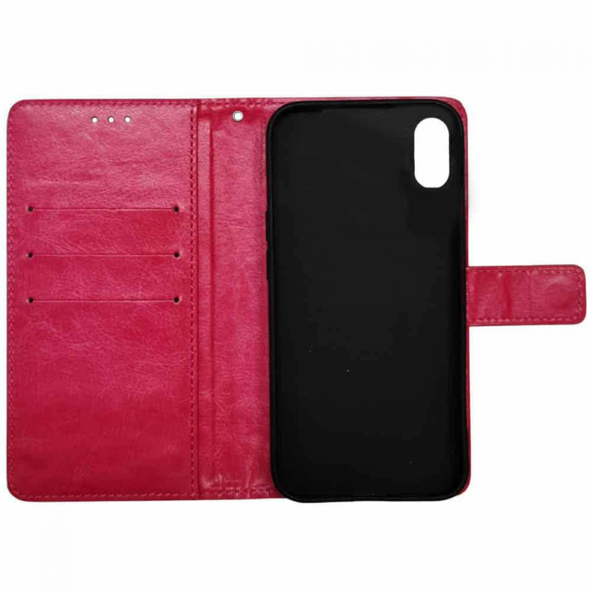 Geöffnete pinke Handyhülle mit Kartenfächern und schwarzem Halter.