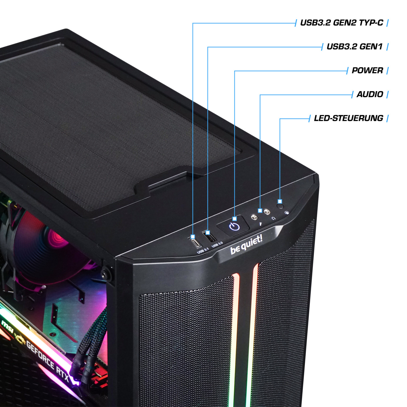 Computergehäuse mit Mesh-Front. Zeigt Anschlüsse: USB 3.2, Strom, Audio und LED-Steuerung. Das Innere hat Lichter.