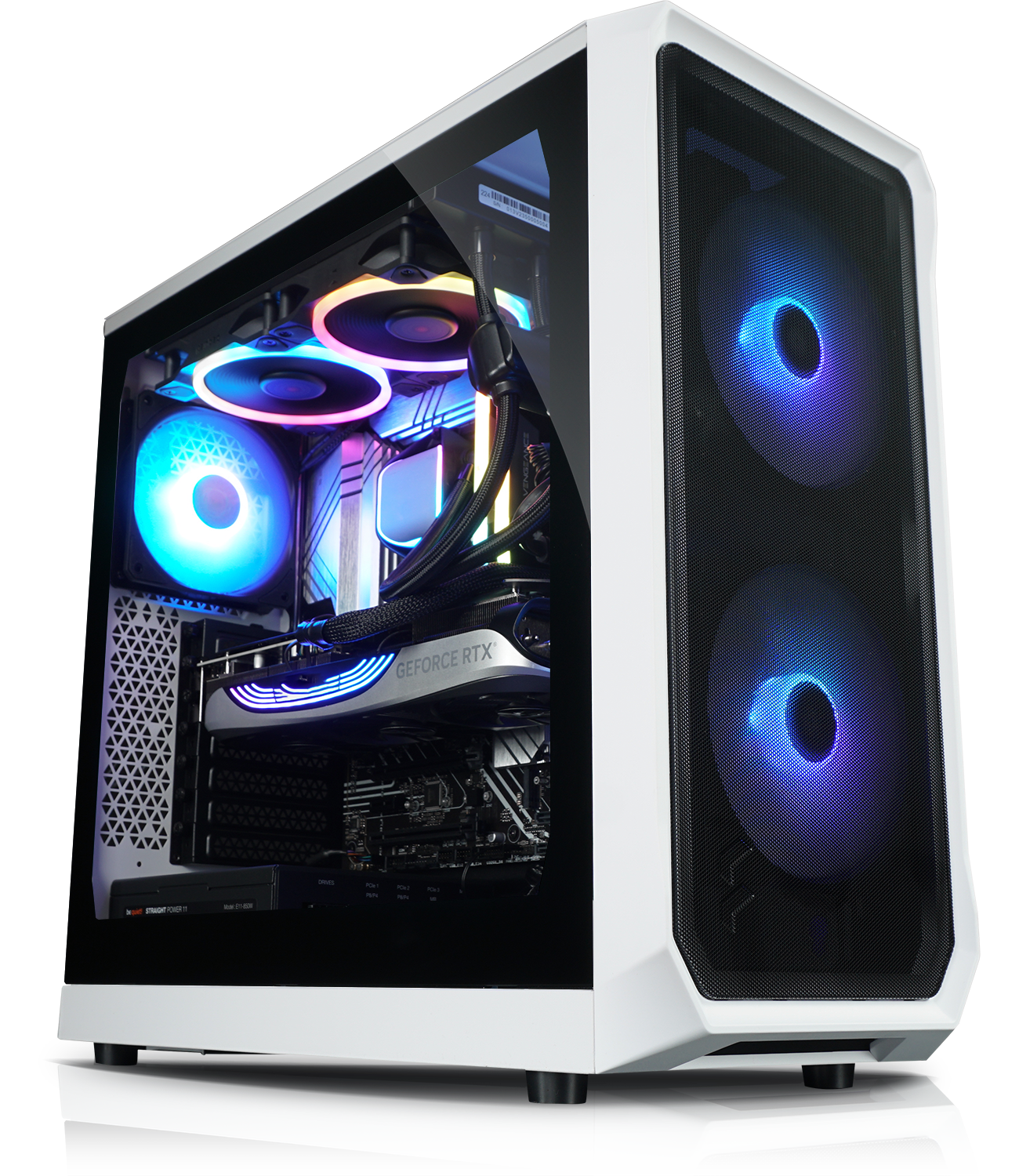 Witte computerkast met twee ventilatoren met blauwe lichten. Glazen zijpaneel.