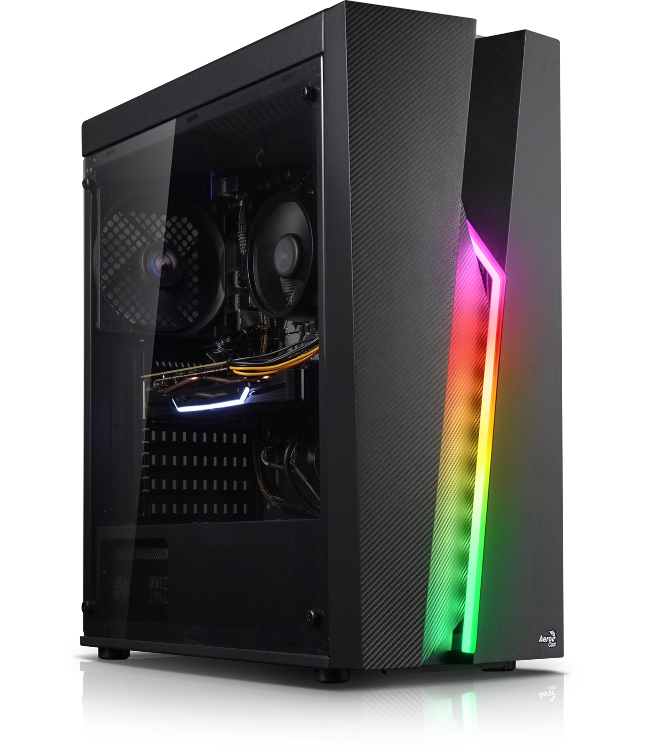 Schwarzes Computergehäuse mit Glas-Seitenwand und RGB-Beleuchtung.