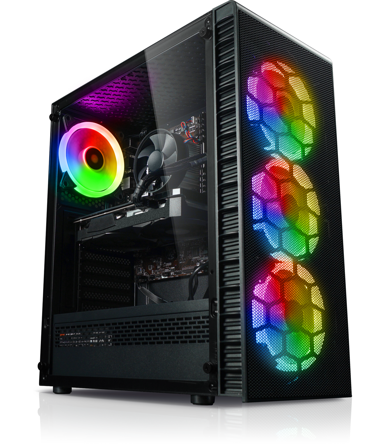 Ein Computergehäuse mit mehreren Lüftern mit bunten Lichtern. Die Glas-Seitenwand ist klar.