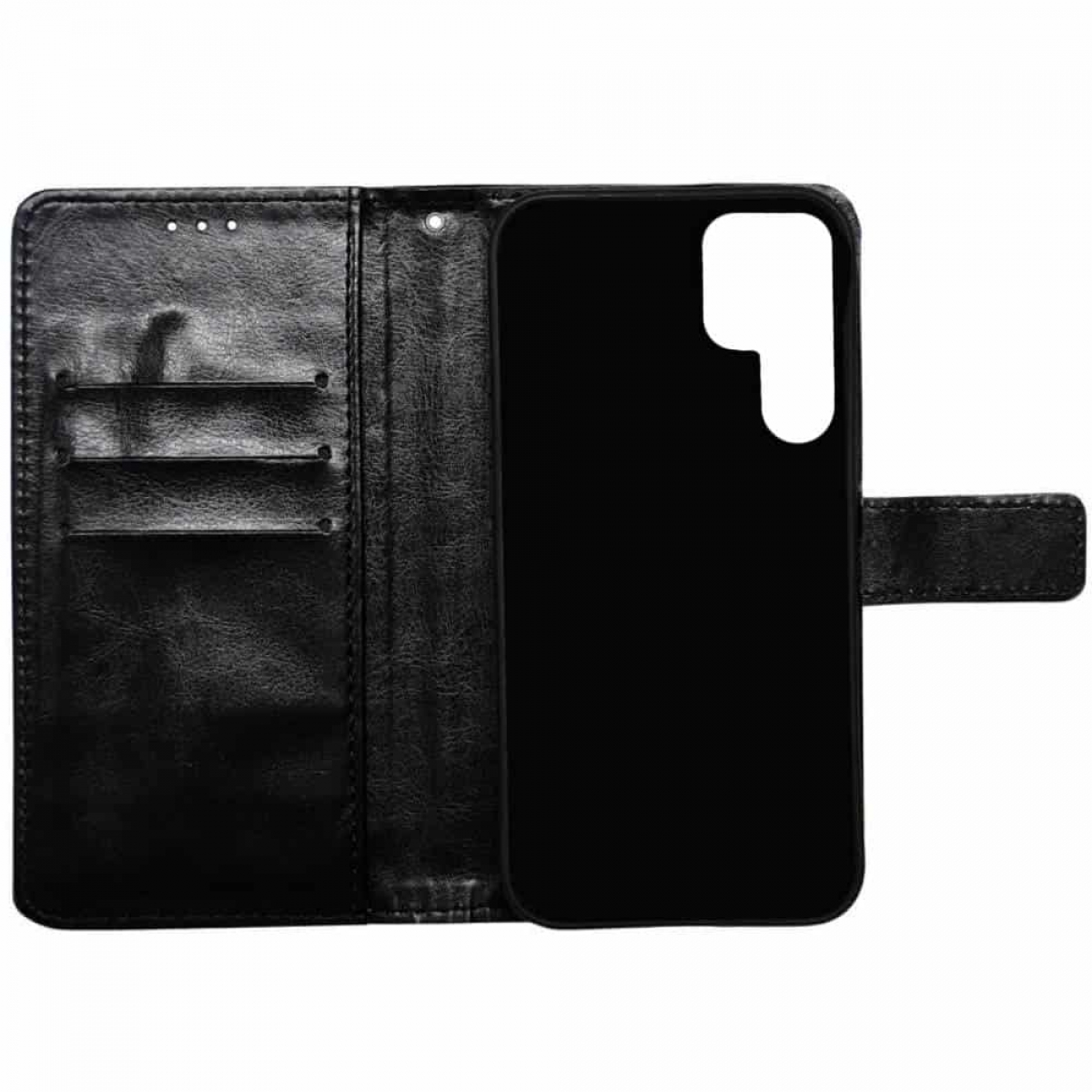 Eine schwarze Leder-Handyhülle ist geöffnet, mit dem Telefon darin. Die Hülle hat einen Magnetverschluss.