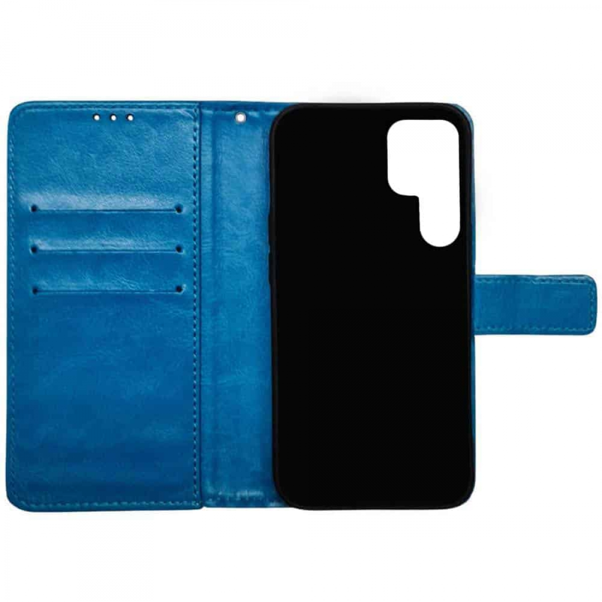 Blaues Leder-Handycase offen, schwarzes Handy innen, drei Fächer, weißer Hintergrund.