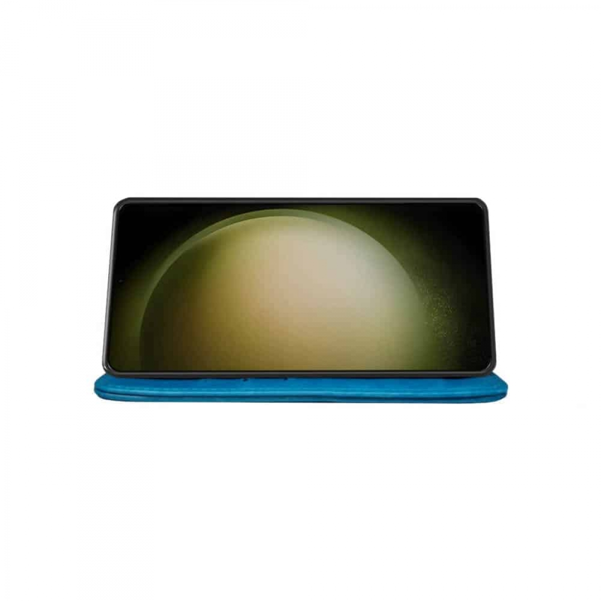 Ein Smartphone auf einem blauen Ständer. Der Bildschirm zeigt einen unscharfen Hintergrund, wahrscheinlich ein Design.