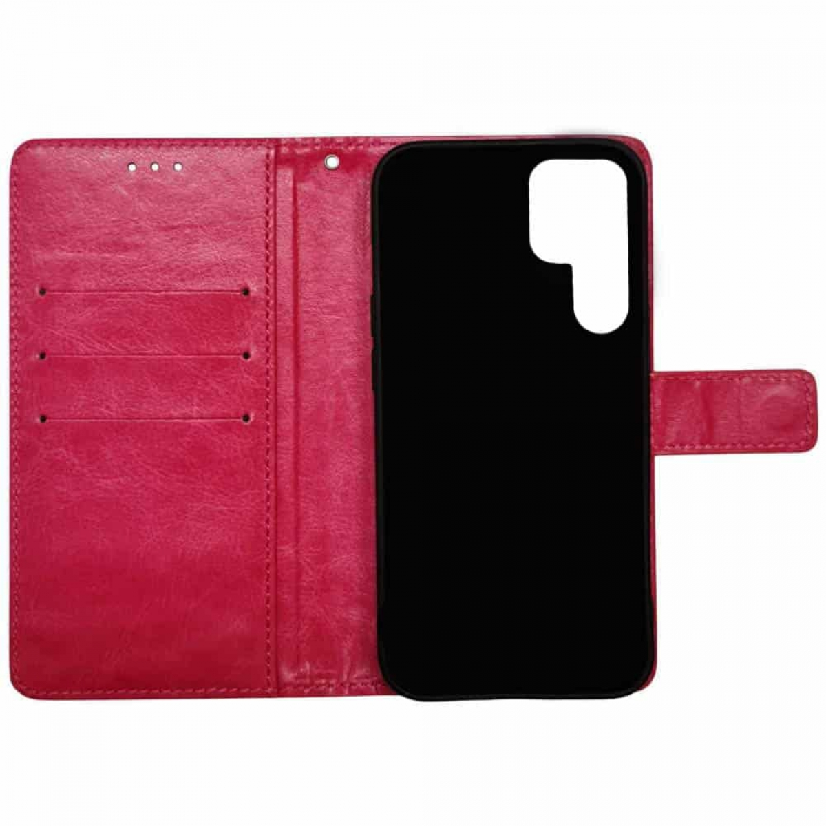 Eine rote Leder-Handyhülle geöffnet, mit einem Telefon darin, das den Bildschirm zeigt.