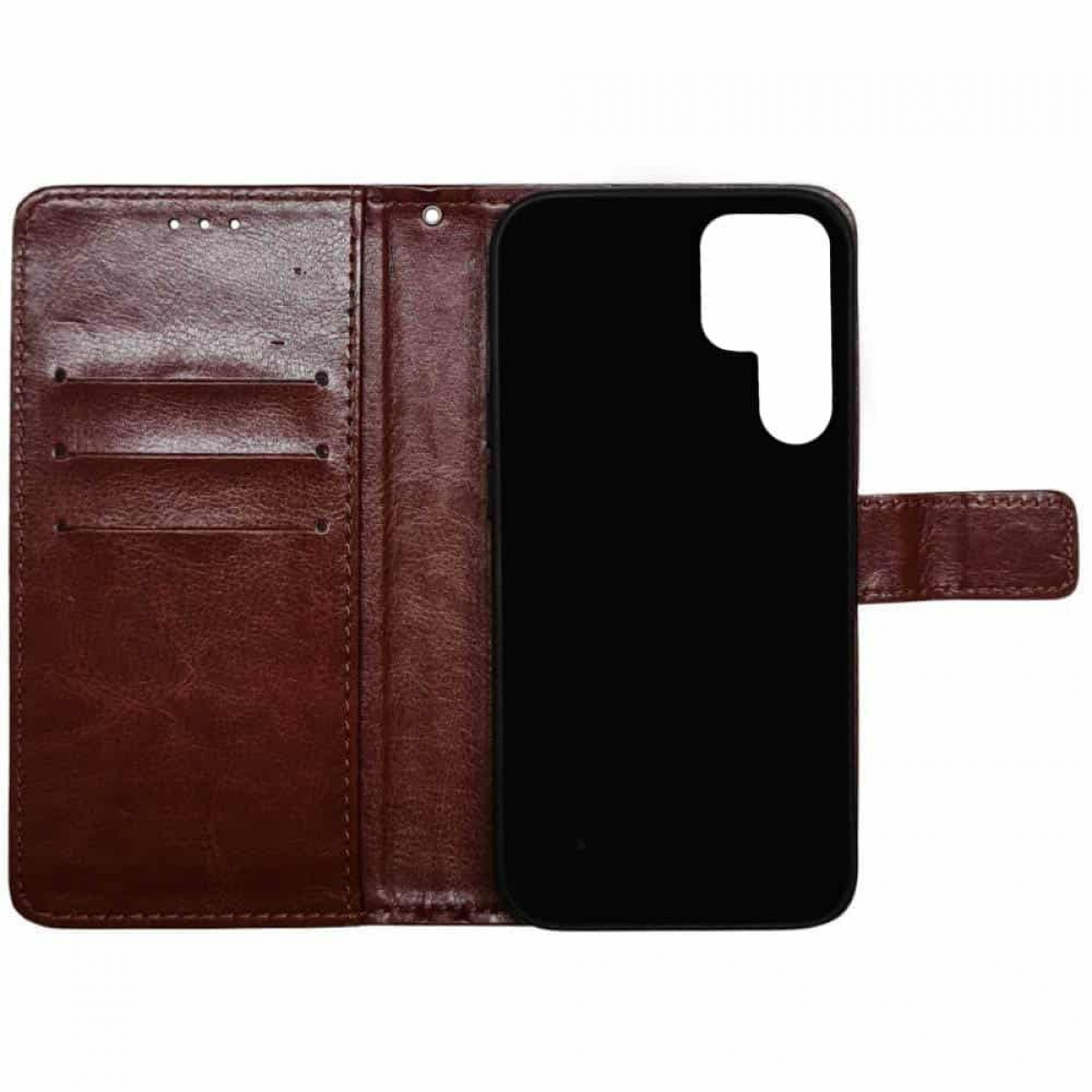 Braune Leder-Handyhülle mit schwarzem Telefon. Inklusive Kartenfächern und Magnetverschluss.