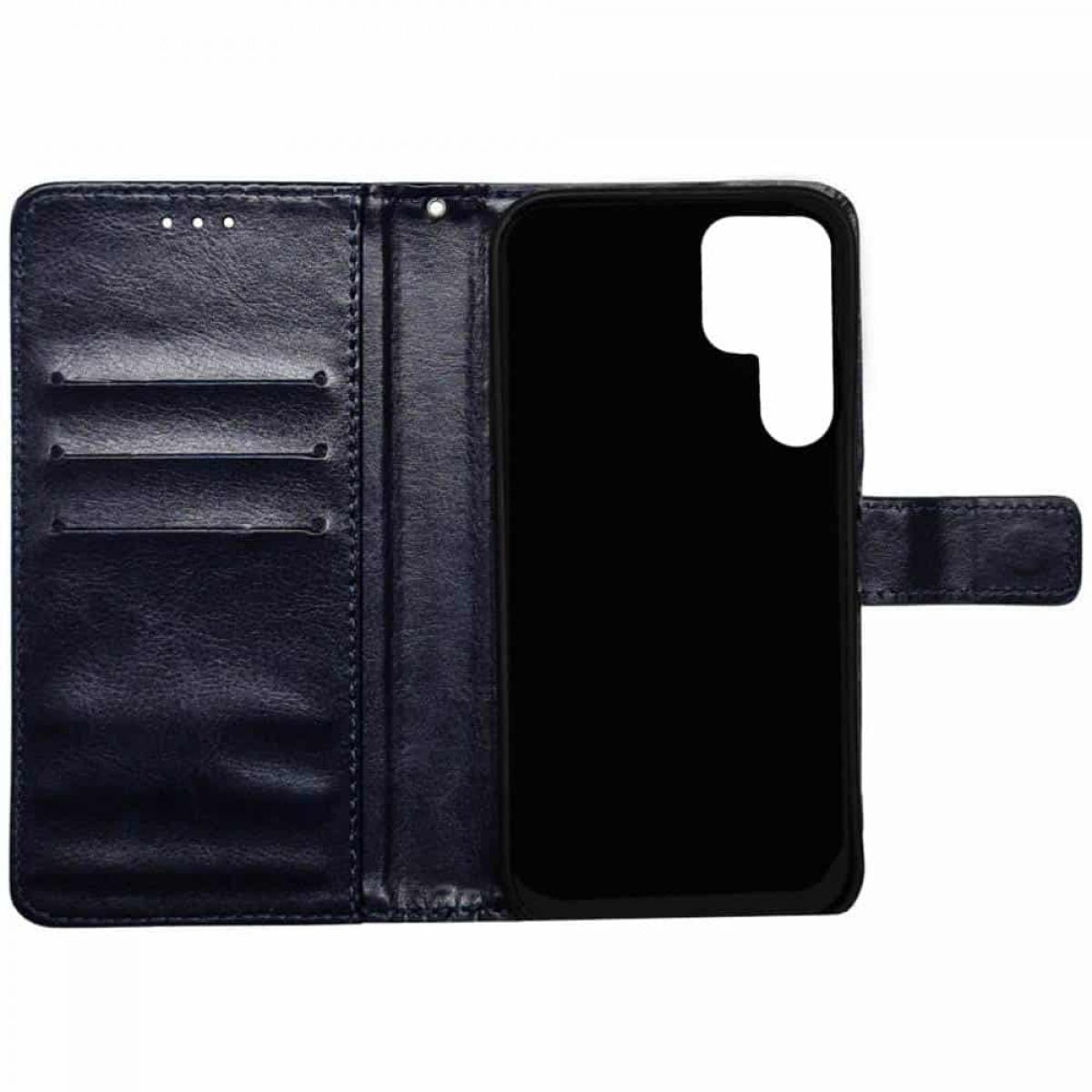 Geöffnete dunkelblaue Leder-Handyhülle, Innenraum mit Kartenfächern und eine schwarze Handyhülle mit einem Telefon darin.