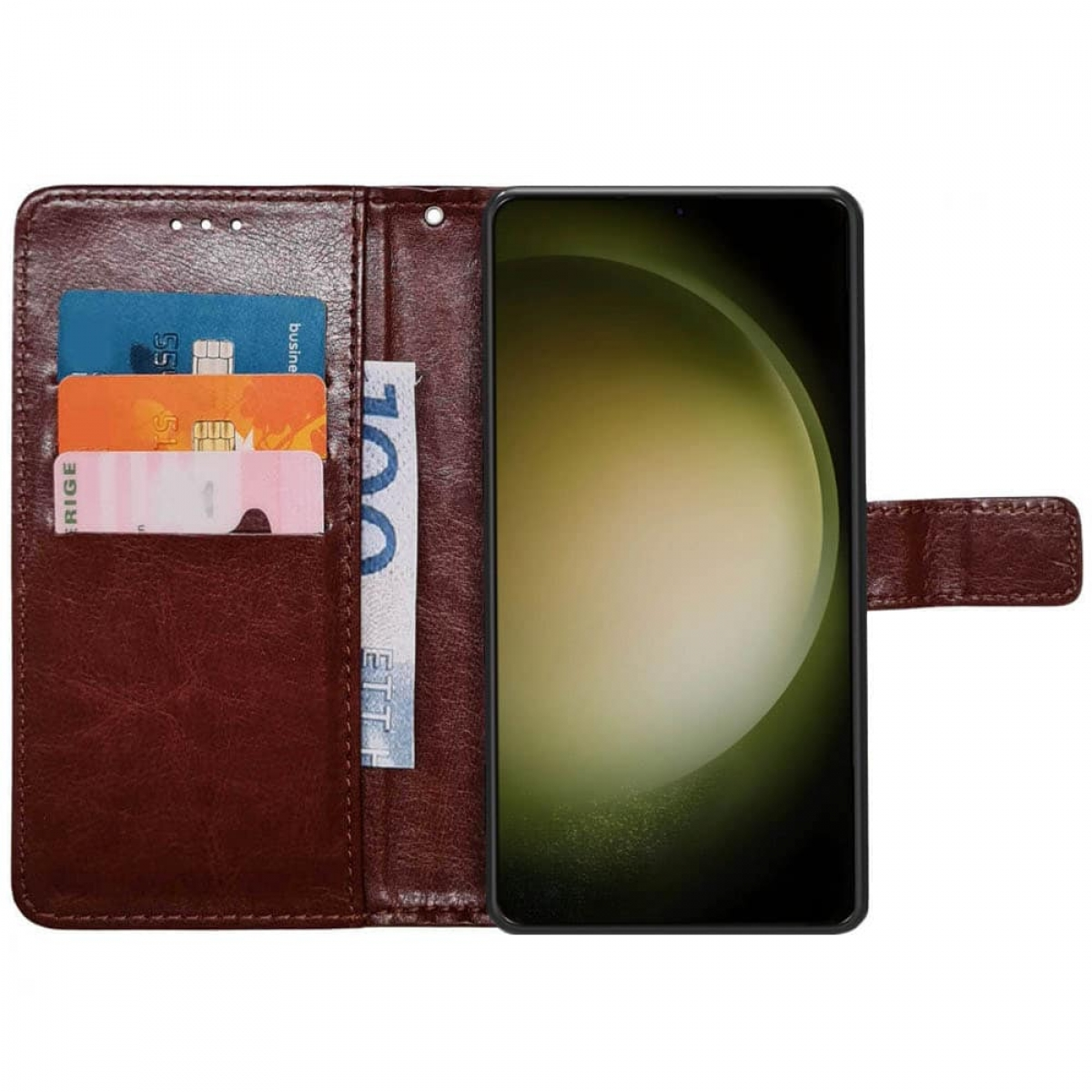 Eine braune Leder-Handyhülle mit Karten und Bargeld und ein Telefon mit grün-gelbem Farbverlauf.