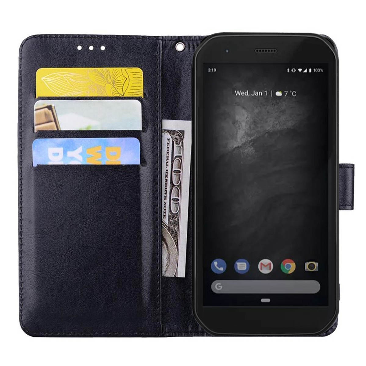 Eine offene Brieftaschen-Handyhülle mit Telefon, Karten und Geld darin. Schwarz und Weiß.