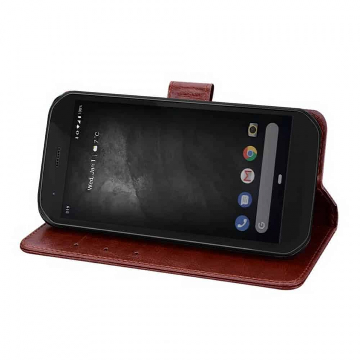 Ein schwarzes Smartphone in einer braunen Lederhülle.