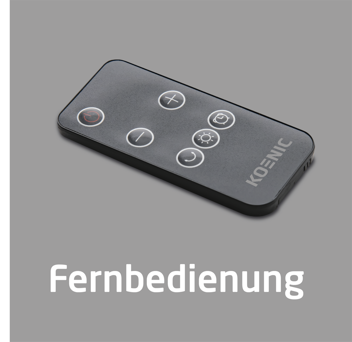 Schwarze Fernbedienung mit Knöpfen. Text: Fernbedienung. Der Hintergrund ist mittelgrau.