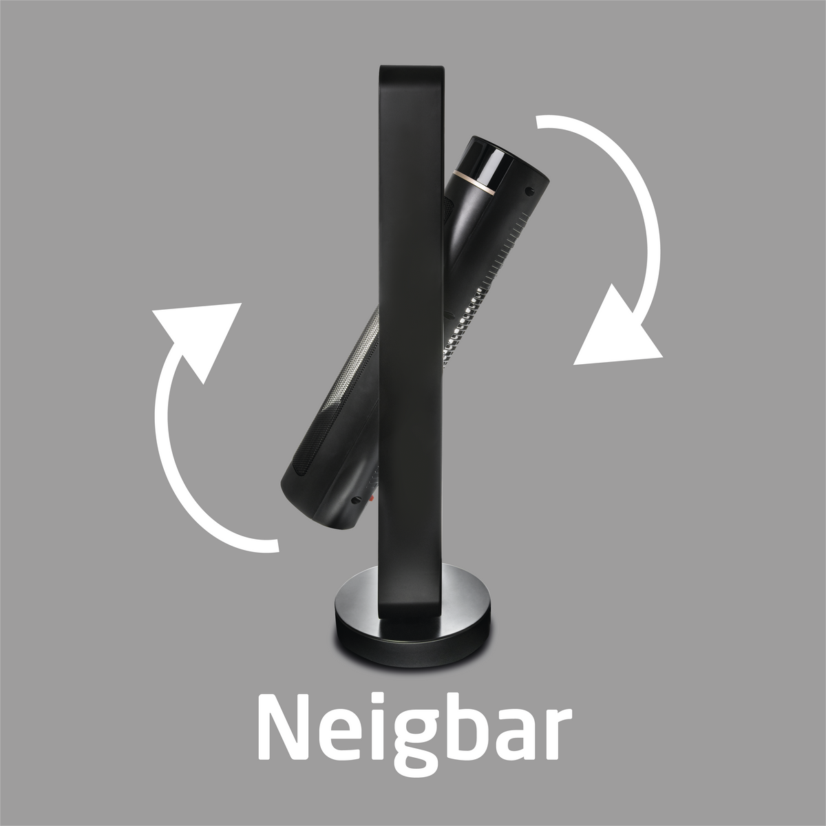 Ein schwarz-silberner Heizlüfter dreht sich. Pfeile zeigen die Drehrichtung an. Das Wort 'Neigbar'.