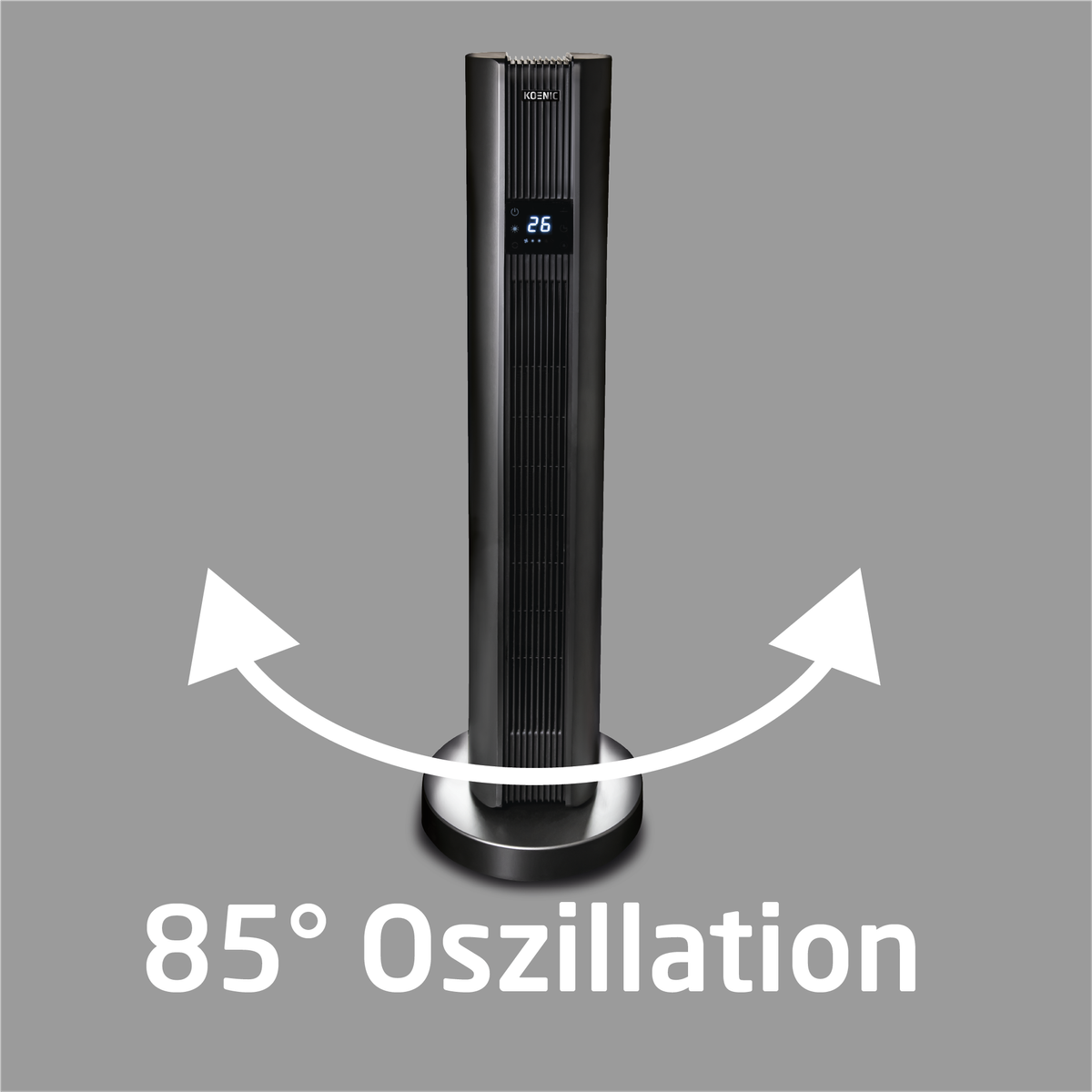 Schwarzer Turmventilator mit Digitalanzeige. Grauer Hintergrund. 85° Oszillation.