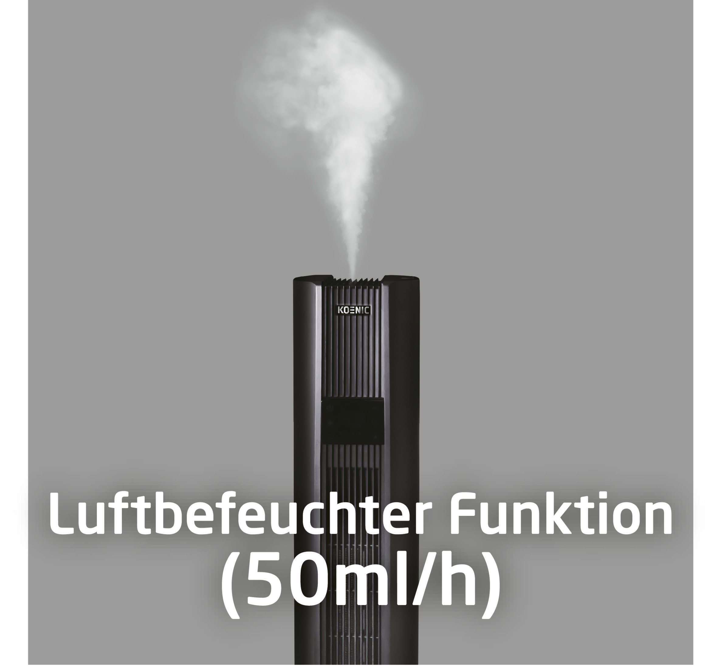 Ein schwarzer Luftbefeuchter, Dampf kommt oben heraus. Text: Luftbefeuchter Funktion (50ml/h).