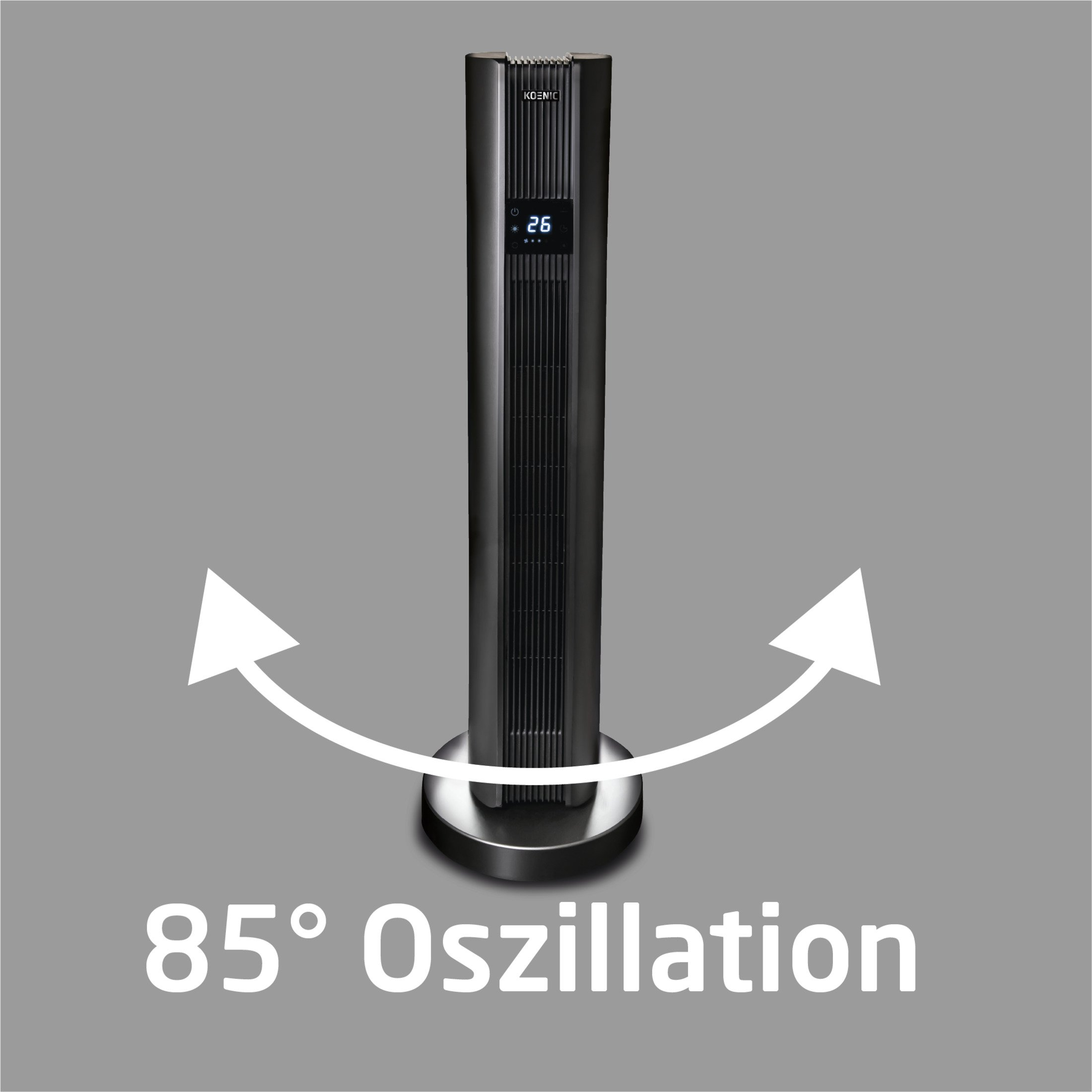 Ein schwarzer Turmventilator mit Pfeilen, die 85° Oszillation anzeigen.