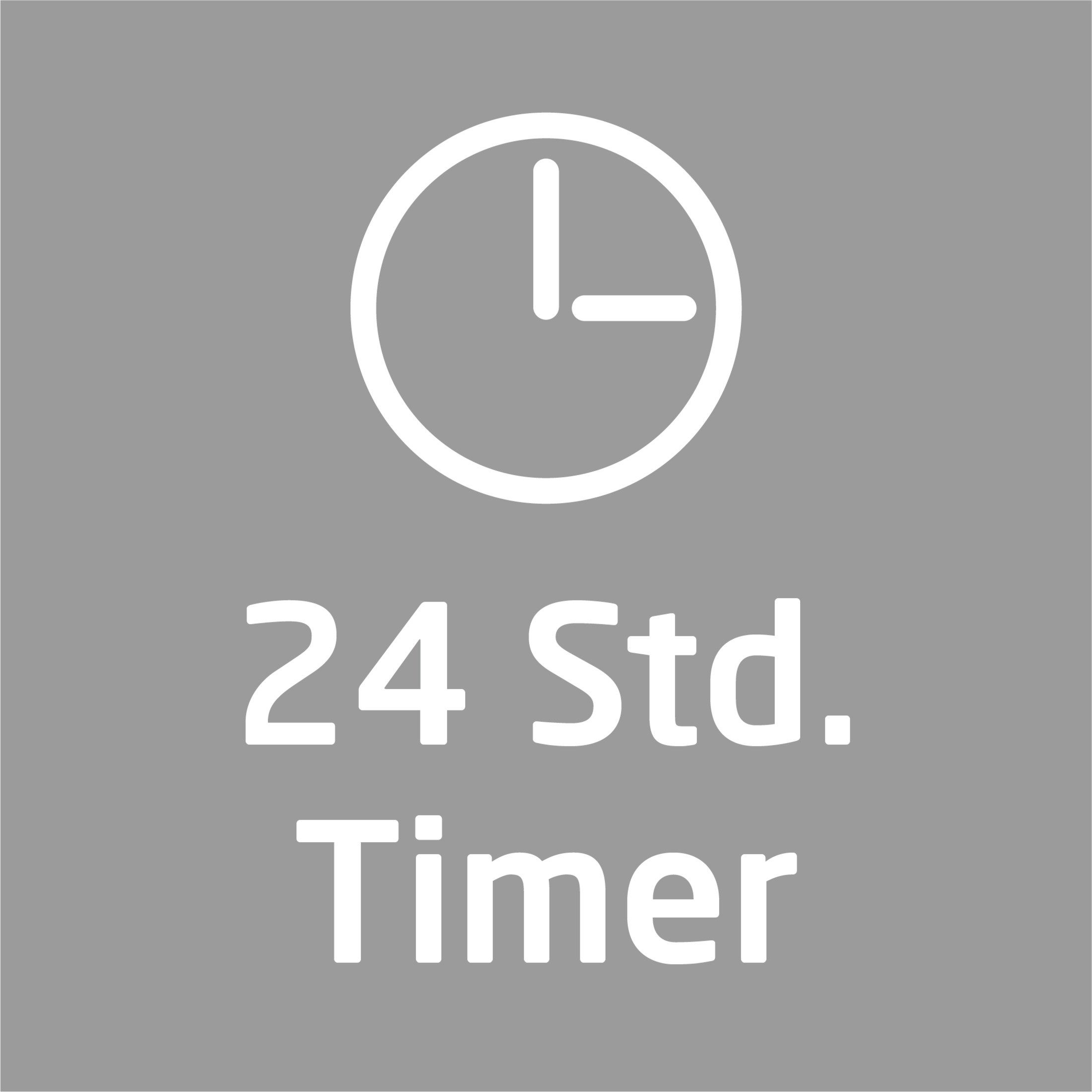 Graues Quadrat mit einem Uhrensymbol und dem Text '24 Std. Timer'.