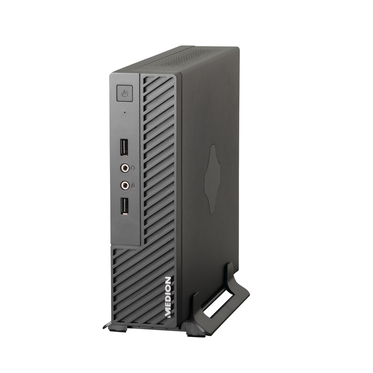 Torre del computer nera con porte e logo MEDION, sfondo bianco.