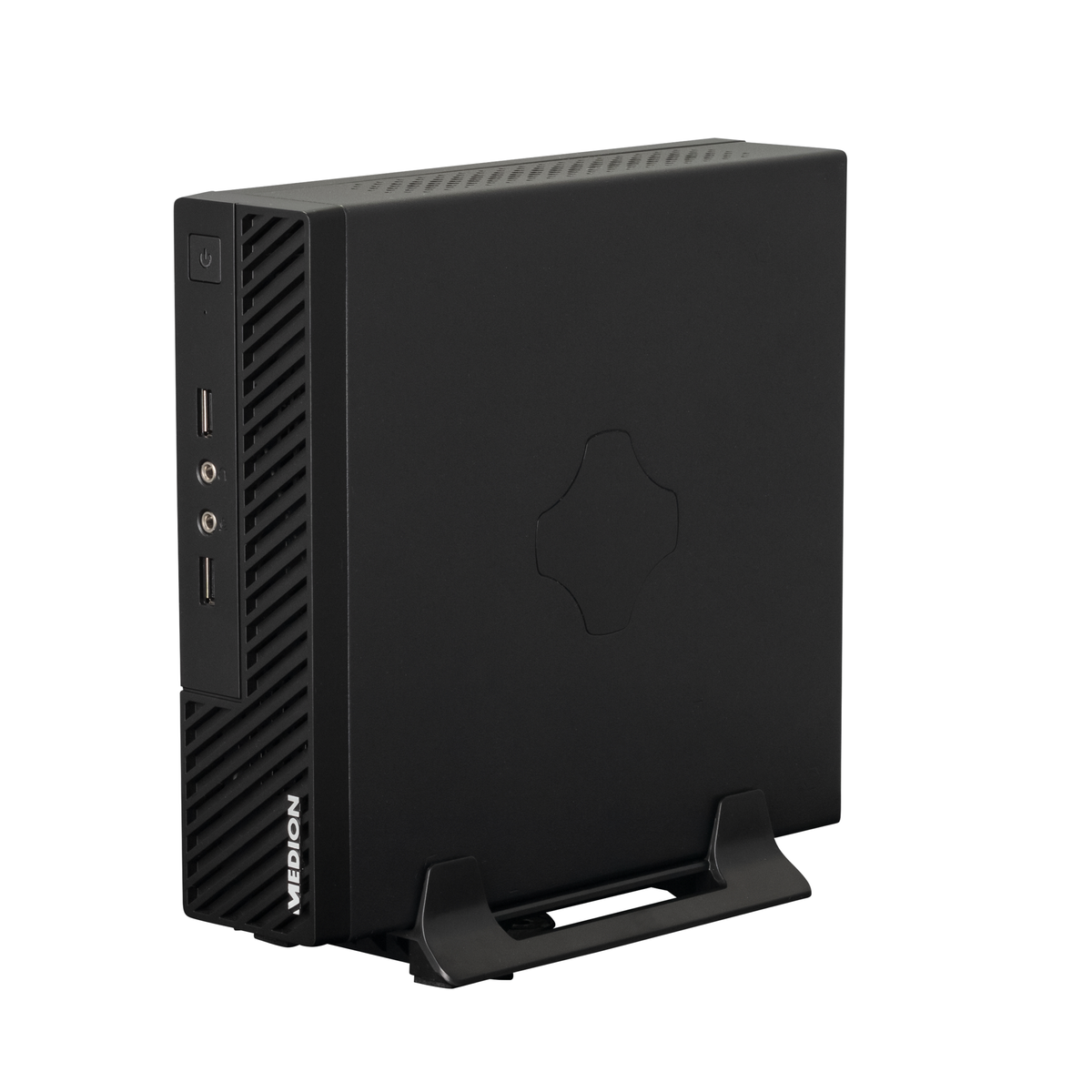 Mini-computer nero con supporto. Un pulsante di accensione, porte USB e audio sono visibili.