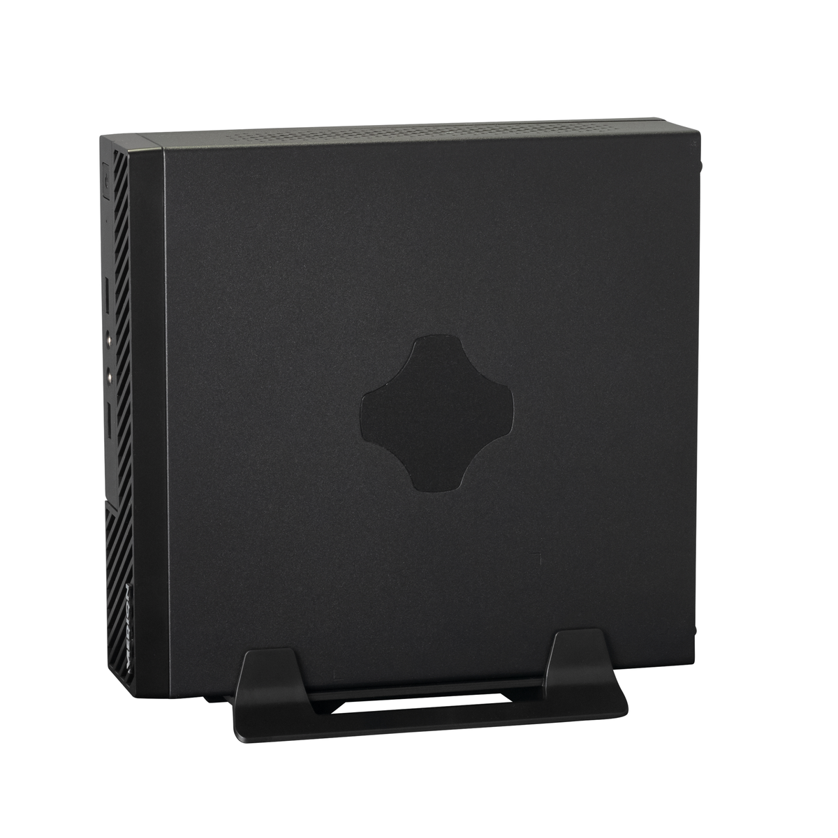 Case per computer nero su un supporto. La cassa ha un design al centro. La cassa è su sfondo bianco.