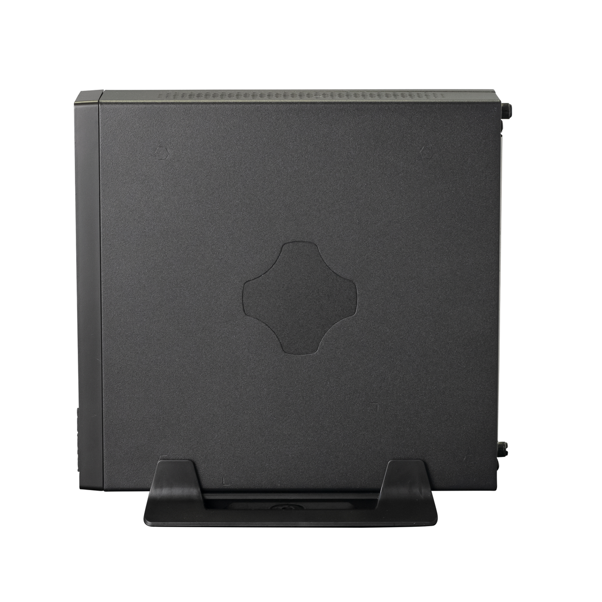Case computer desktop nero, con supporto nero, su sfondo bianco.