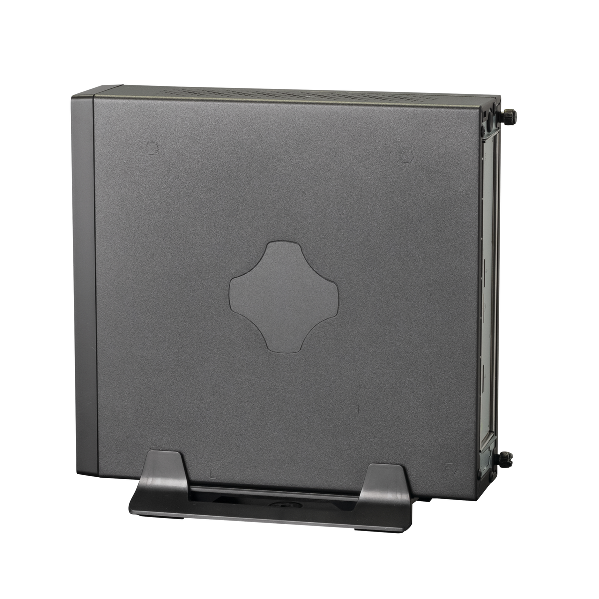 Case server grigio scuro su un supporto. L'alloggiamento presenta un design a forma di croce.