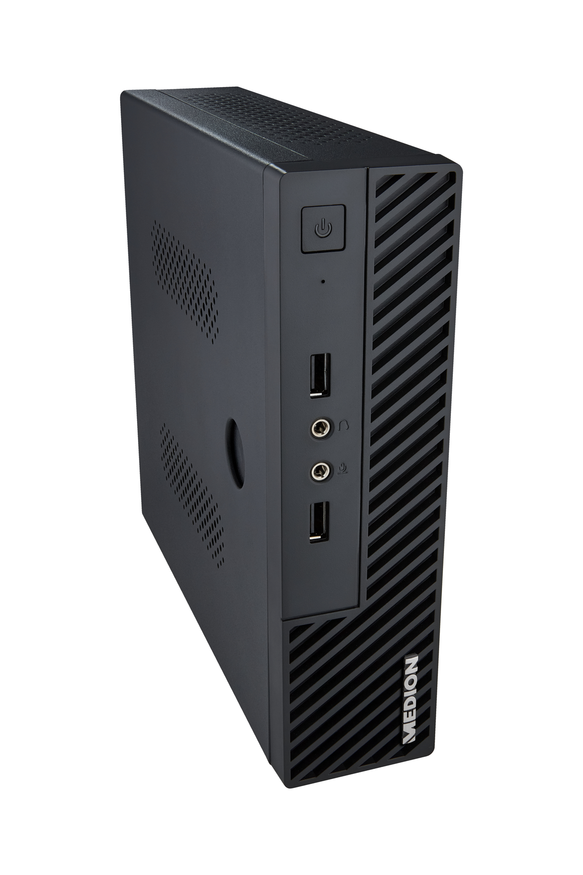 Torre del computer nera con logo Medion. La torre è grigio scuro con un pulsante di accensione.