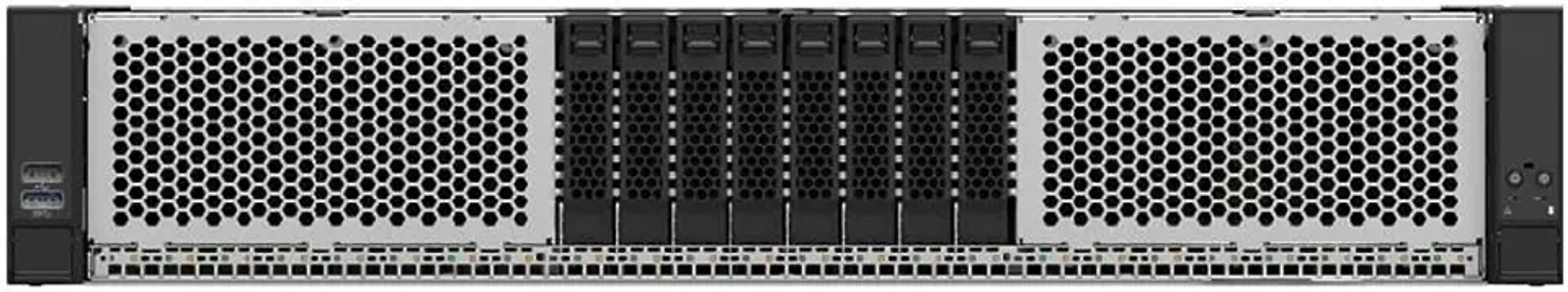 Un chassis server argento con prese a rete e otto alloggiamenti.