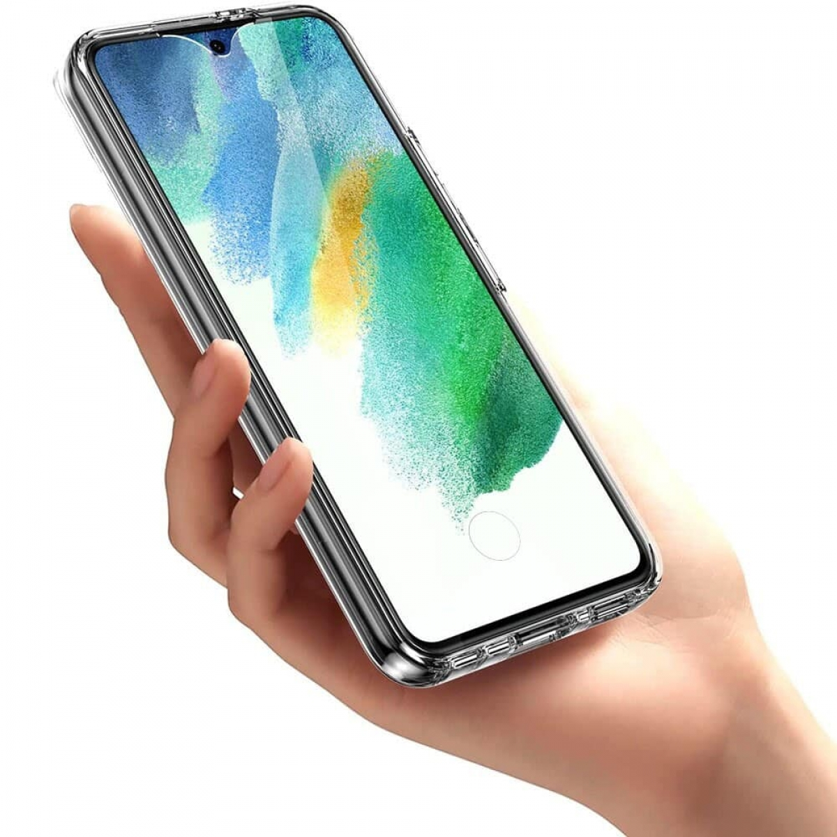 Hand hält transparente Handyhülle mit Handy darin. Das Handy zeigt bunten Hintergrund. Nahaufnahme.