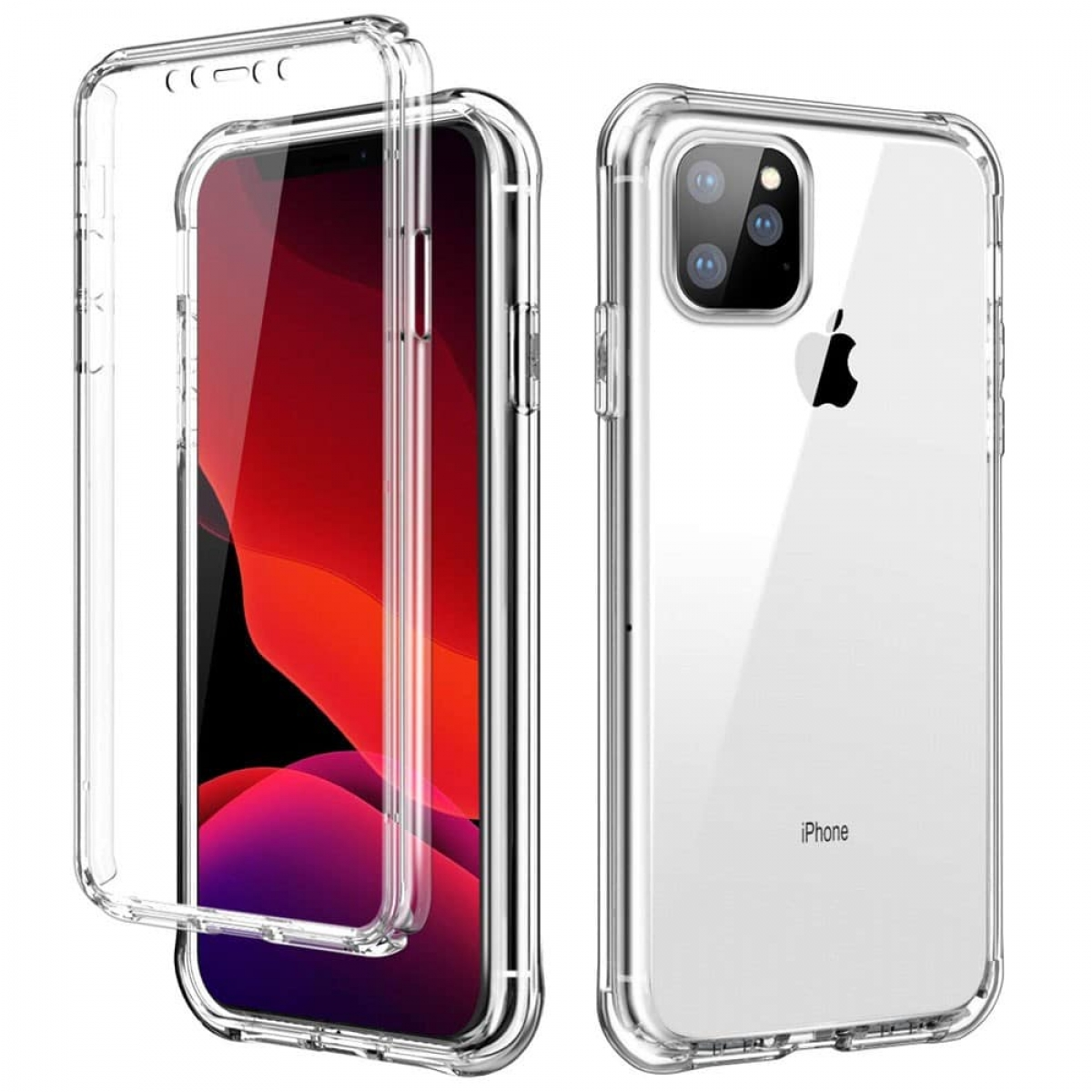 Transparente Handyhülle schützt ein Telefon. Das Telefon hat ein schwarzes Apple-Logo.