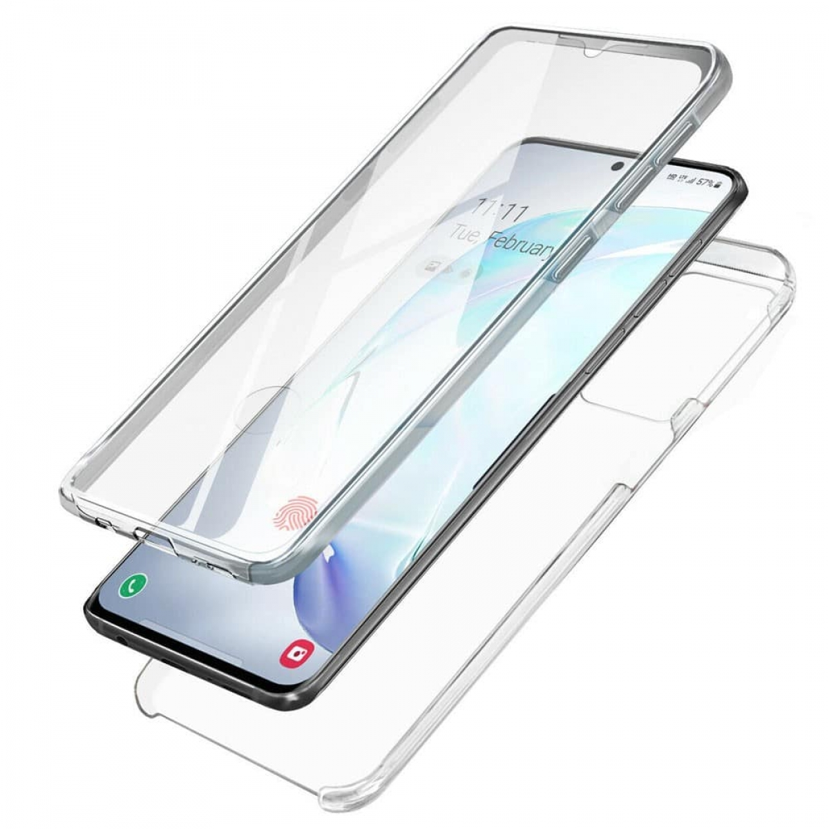 Transparente Handyhülle in drei Schichten. Das Telefon befindet sich darin. Weißer Hintergrund.