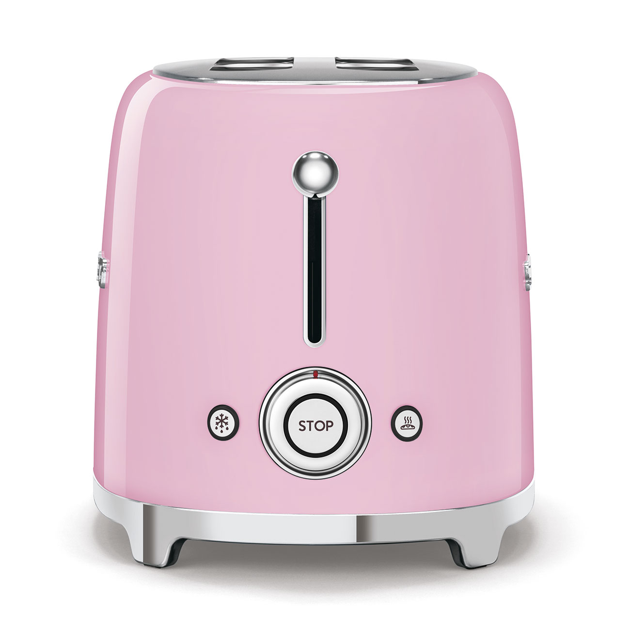 Ein rosa Toaster mit silbernen Akzenten und einem Stopp-Knopf auf weißem Hintergrund.