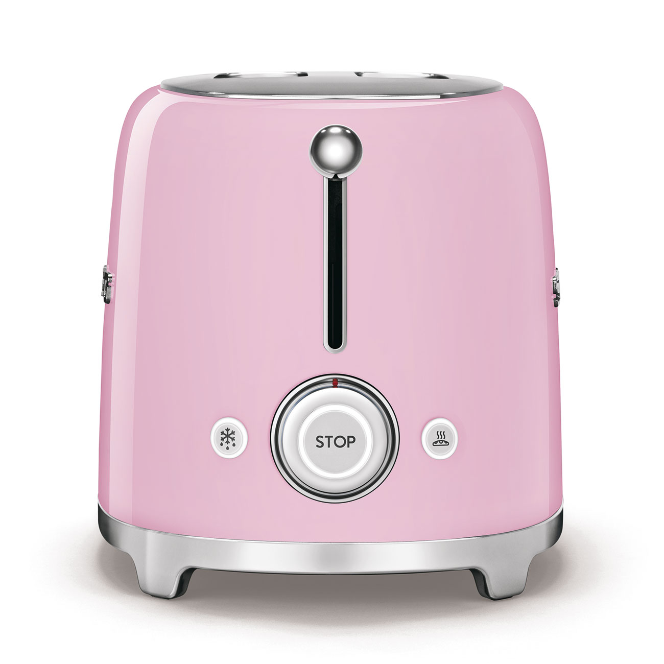 Rosa Toaster mit silbernen Akzenten und einer 'STOP'-Taste.
