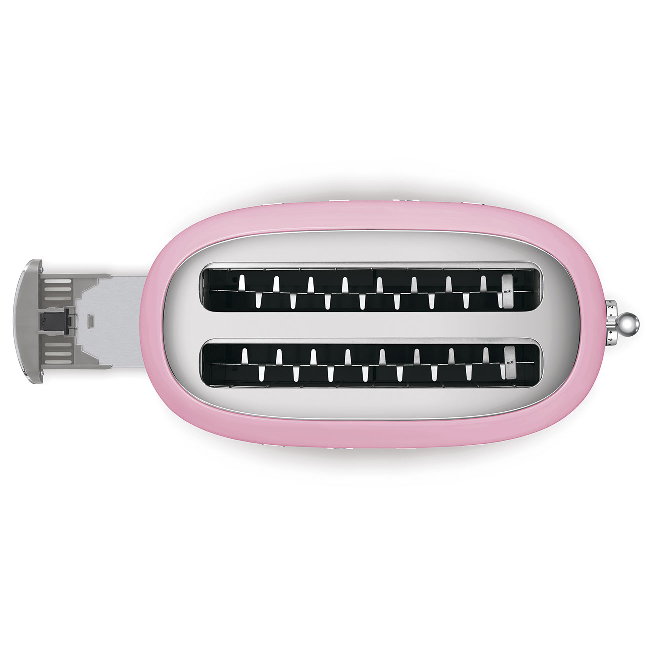 Draufsicht auf einen pinken Toaster. Zeigt zwei Schlitze und einen Hebel an der Seite.