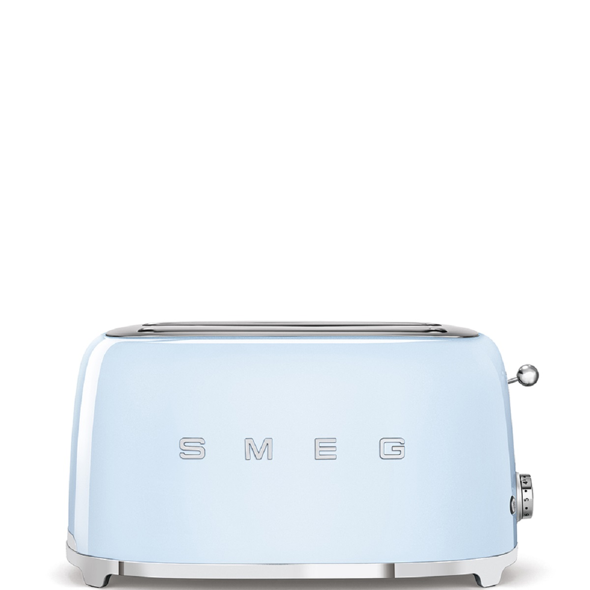 Hellblauer SMEG-Toaster mit zwei Schlitzen, Chromakzenten und Bedienknöpfen. Weißer Hintergrund.