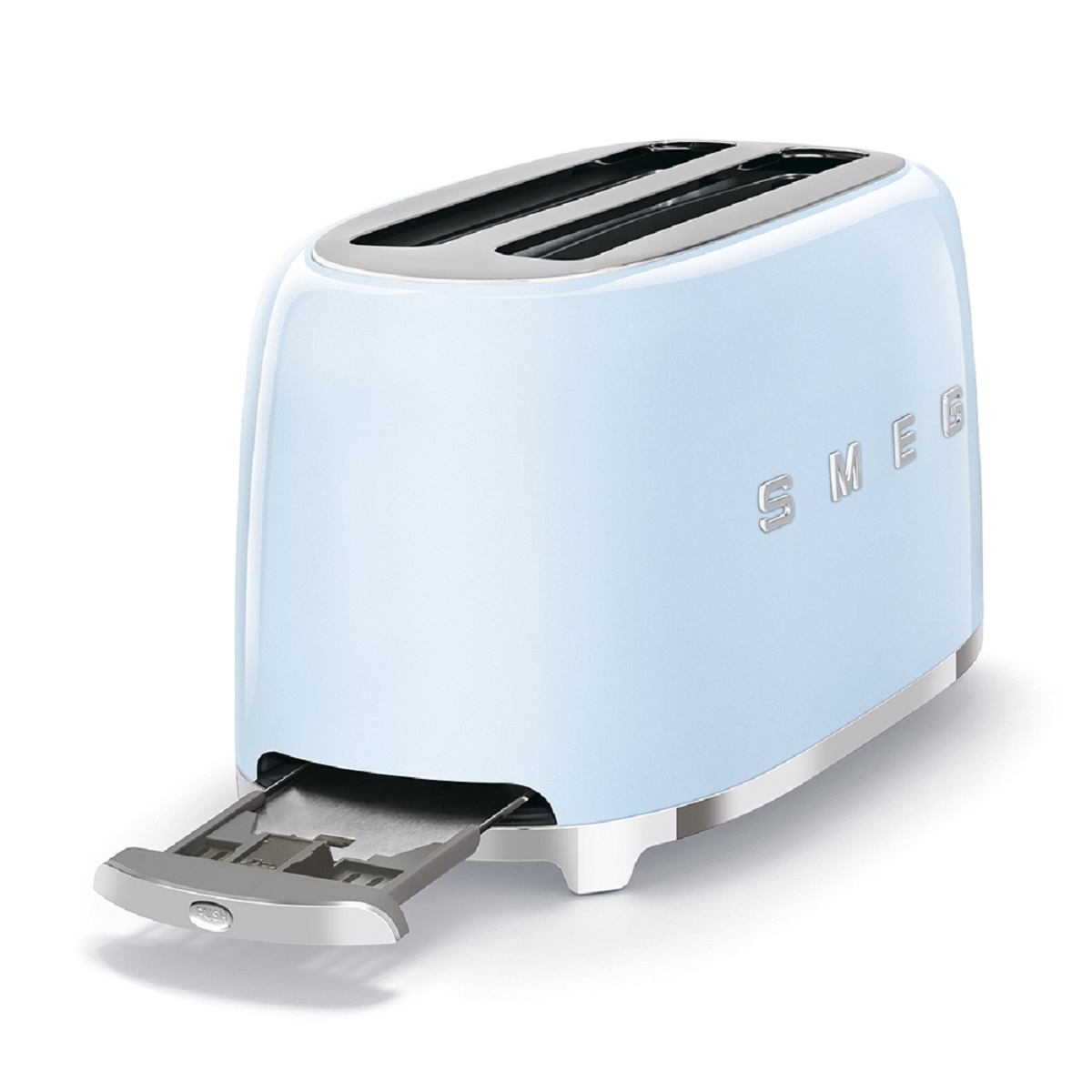 Hellblauer Smeg-Toaster auf weißer Oberfläche, mit herausgezogener Schublade.