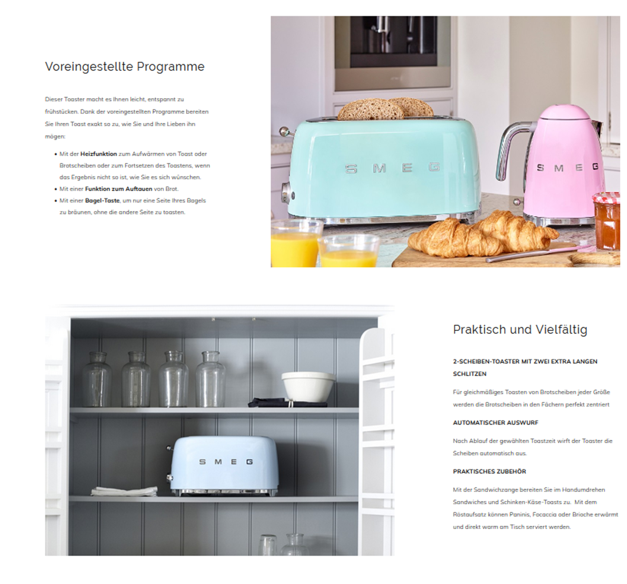 Küchenszene mit Toaster, Wasserkocher und Brot. Text beschreibt Funktionen und Vorteile.