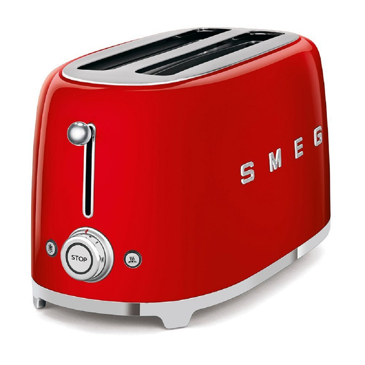 Ein roter SMEG-Toaster mit Chromhebel, Drehregler und Stopp-Taste. Es steht auf einer weißen Oberfläche.