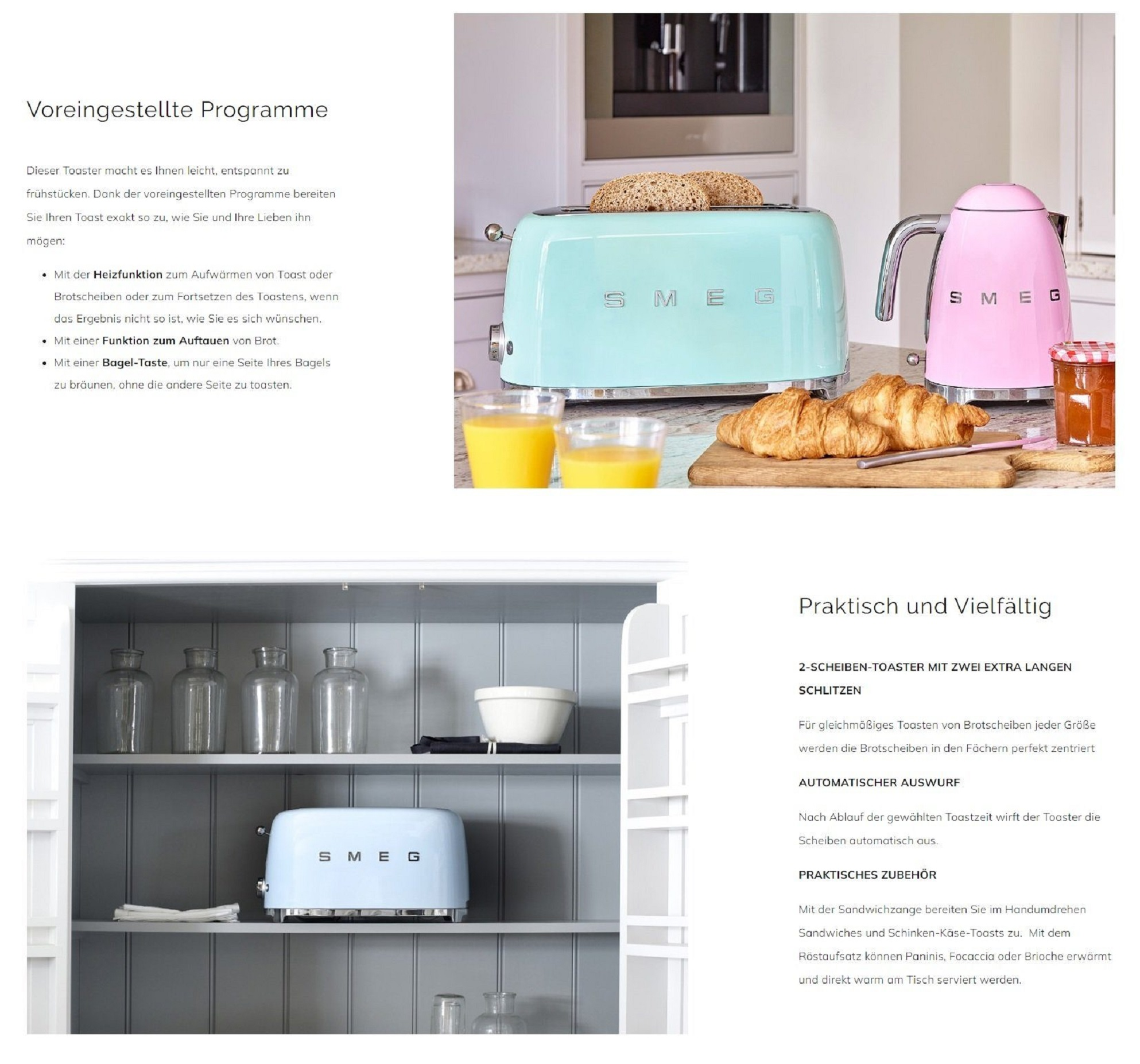 Eine Küchenszene mit einem Toaster, einem Wasserkocher und einer Theke mit Speisen und Getränken. Text ist sichtbar.