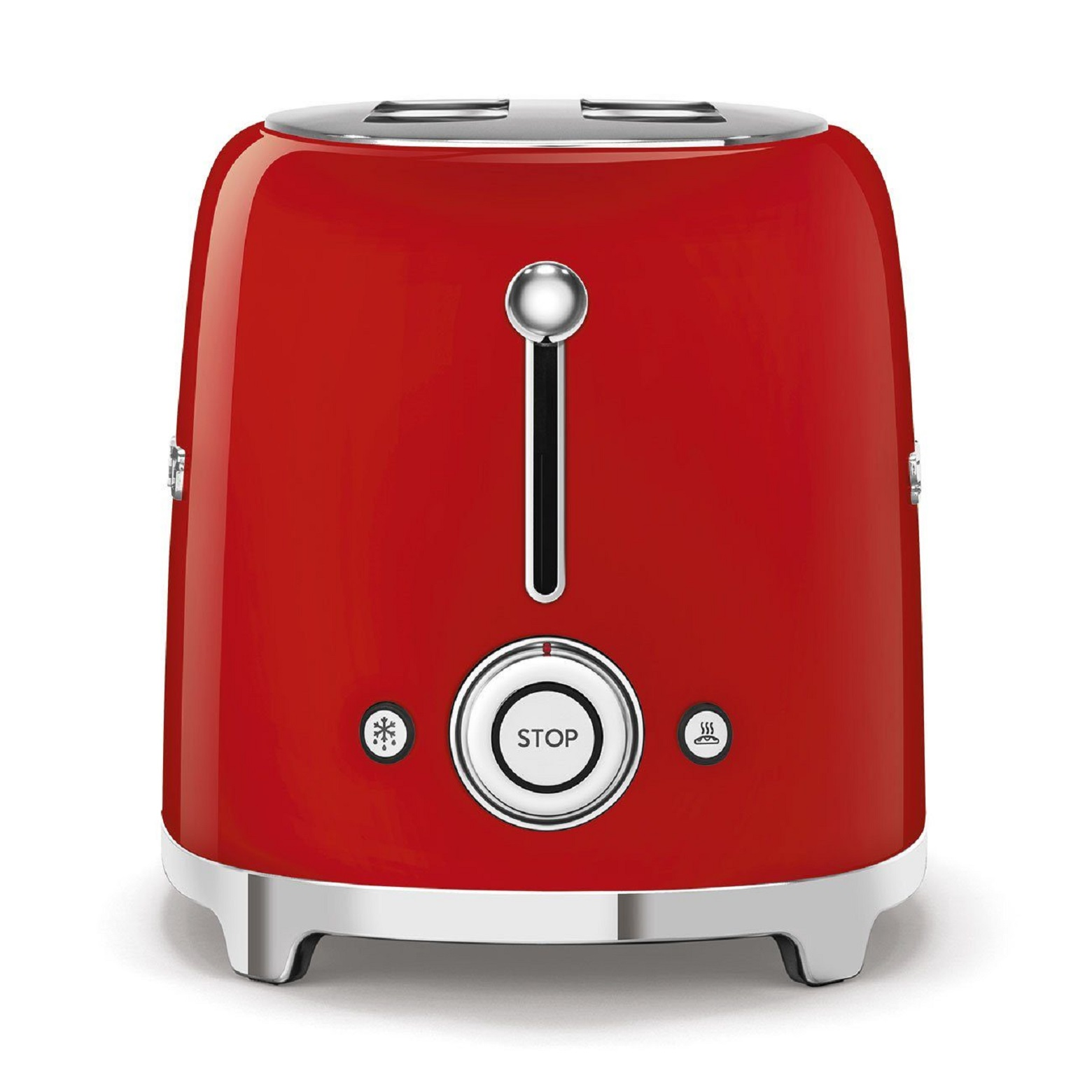 Ein knallroter Retro-Toaster mit Chromakzenten, Knöpfen und einem Hebel. Weißer Hintergrund.