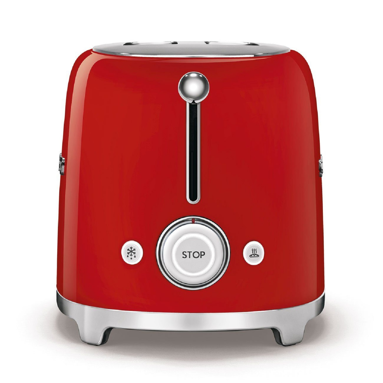 Ein roter Toaster mit silbernem Hebel und Stopptaste.