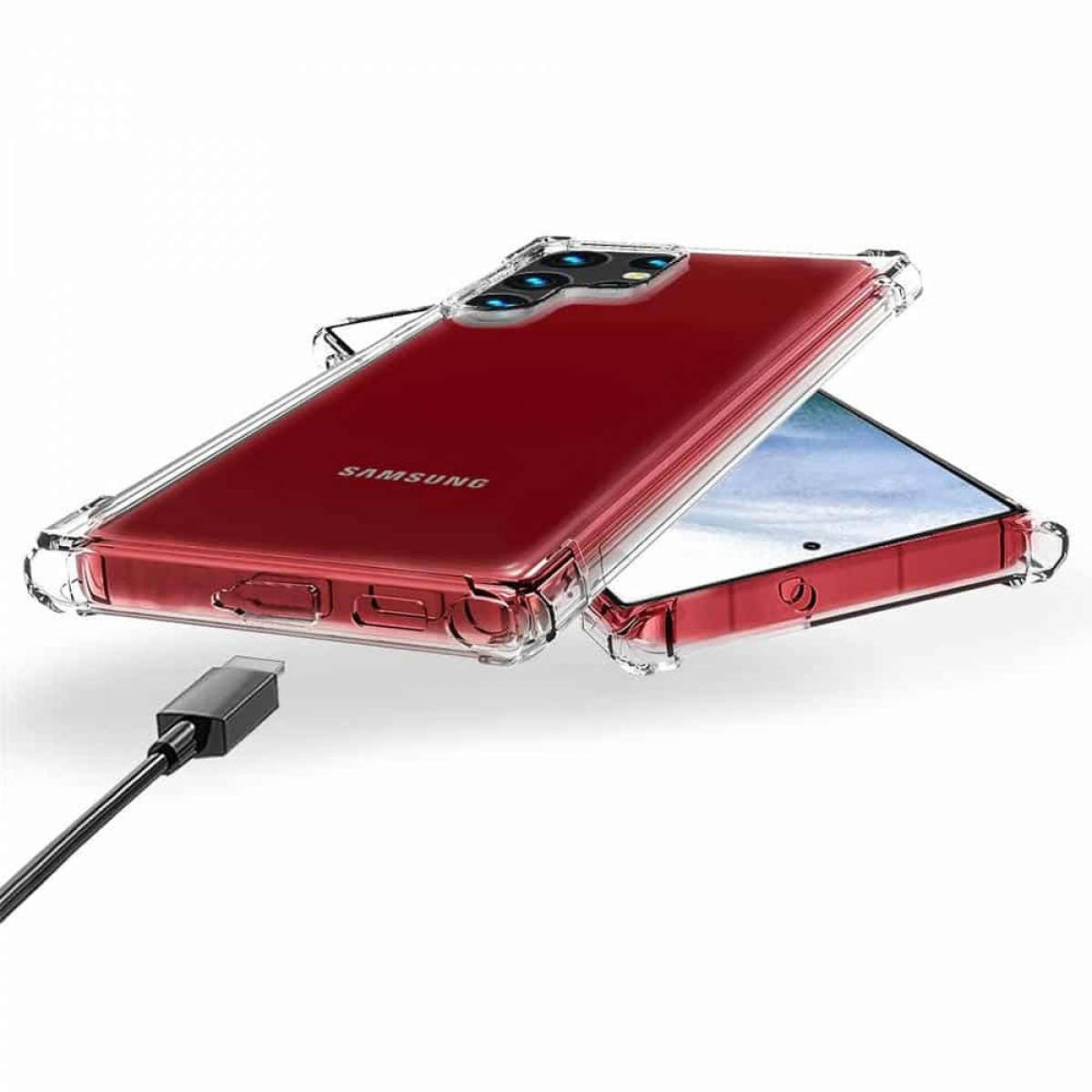 Rotes Telefon mit angebrachter, durchsichtiger Hülle. Ein USB-C-Kabel ist angeschlossen.