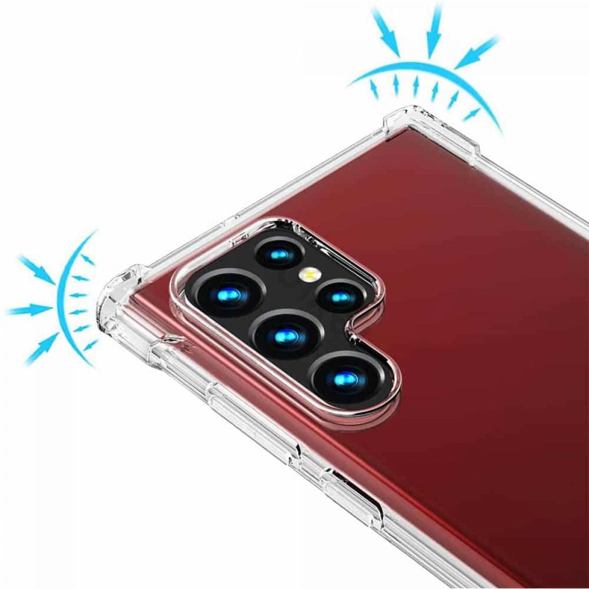 Eine Handyhülle mit einem Telefon. Die Hülle ist durchsichtig und hat ein rotes Telefon darin.