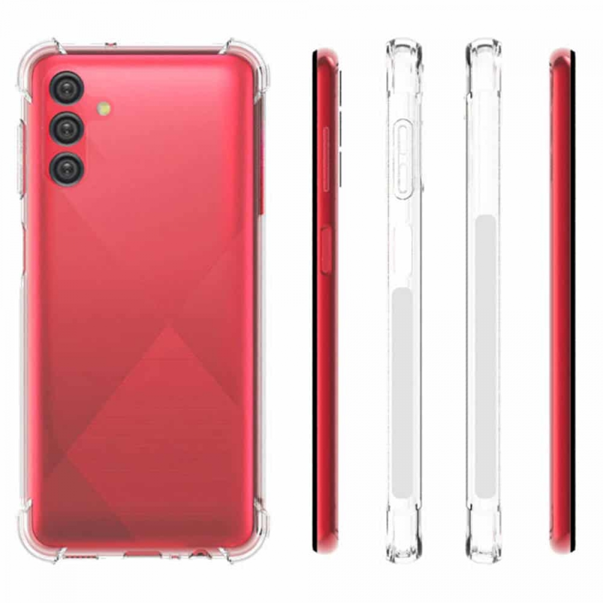 Ein rotes Telefon mit einer transparenten Hülle. Das Telefon befindet sich auf der linken Seite des Bildes.