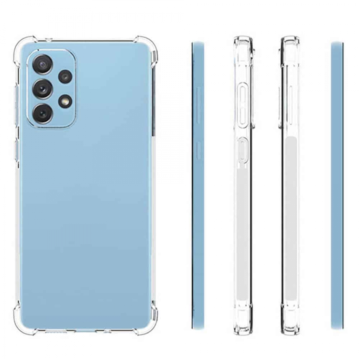 Ein hellblaues Telefon mit Schutzhüllen in verschiedenen Ansichten.