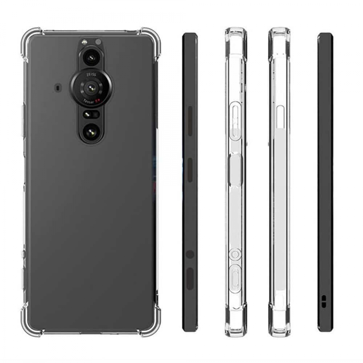 Eine transparente Handyhülle mit einem Telefon, wobei vier Seiten sichtbar sind. Das Telefon hat drei Kameras.