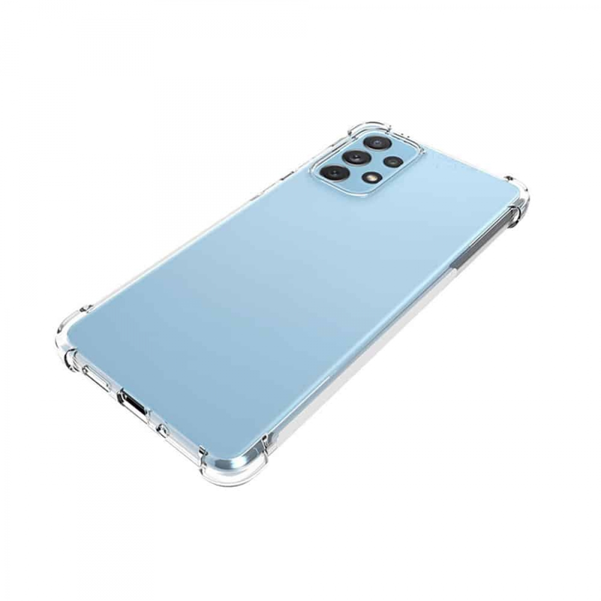 Blaues Telefon in einer transparenten Hülle. Das Telefon hat mehrere Kameras und einen Ladeanschluss.