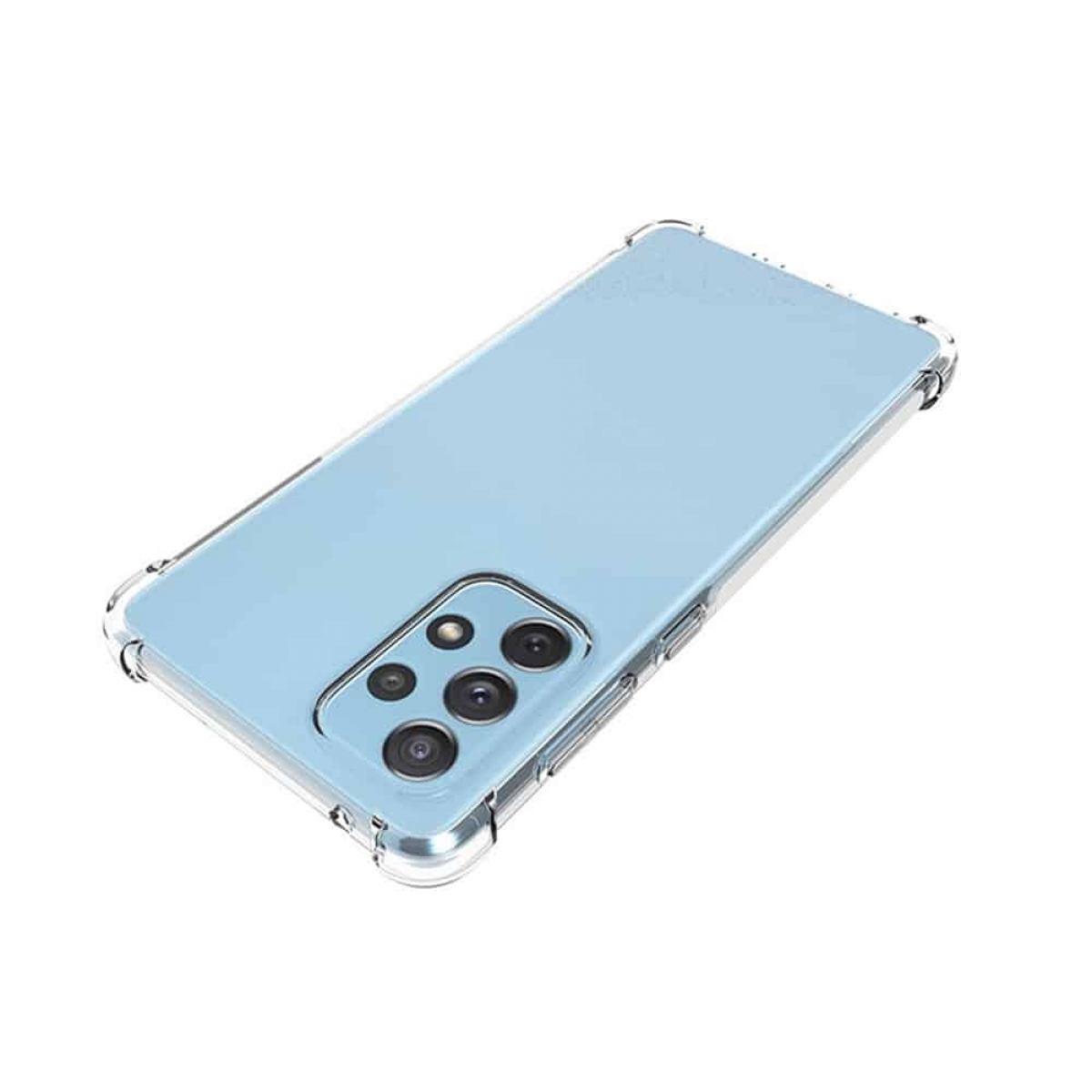 Hellblaues Telefon mit transparenter Hülle. Die Rückseite zeigt die Kameralinsen.