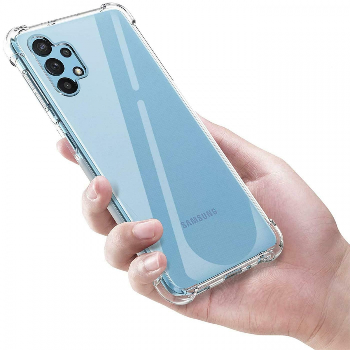 Hand hält ein Telefon in einer durchsichtigen Hülle. Das Telefon ist hellblau. Die Hülle ist transparent.