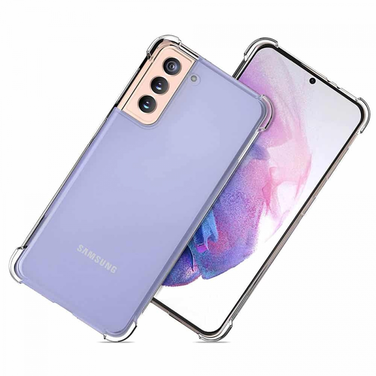 Telefon in einer transparenten Hülle. Die Rückseite sichtbar.